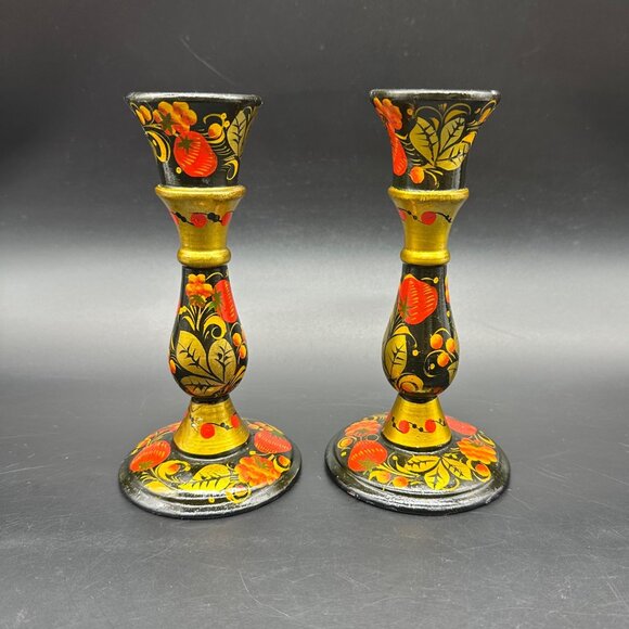 Vintage Khokhloma Candlesticks Hand Painted Russian Floral Fruit Folk Art Wooden - Picture 4 of 12